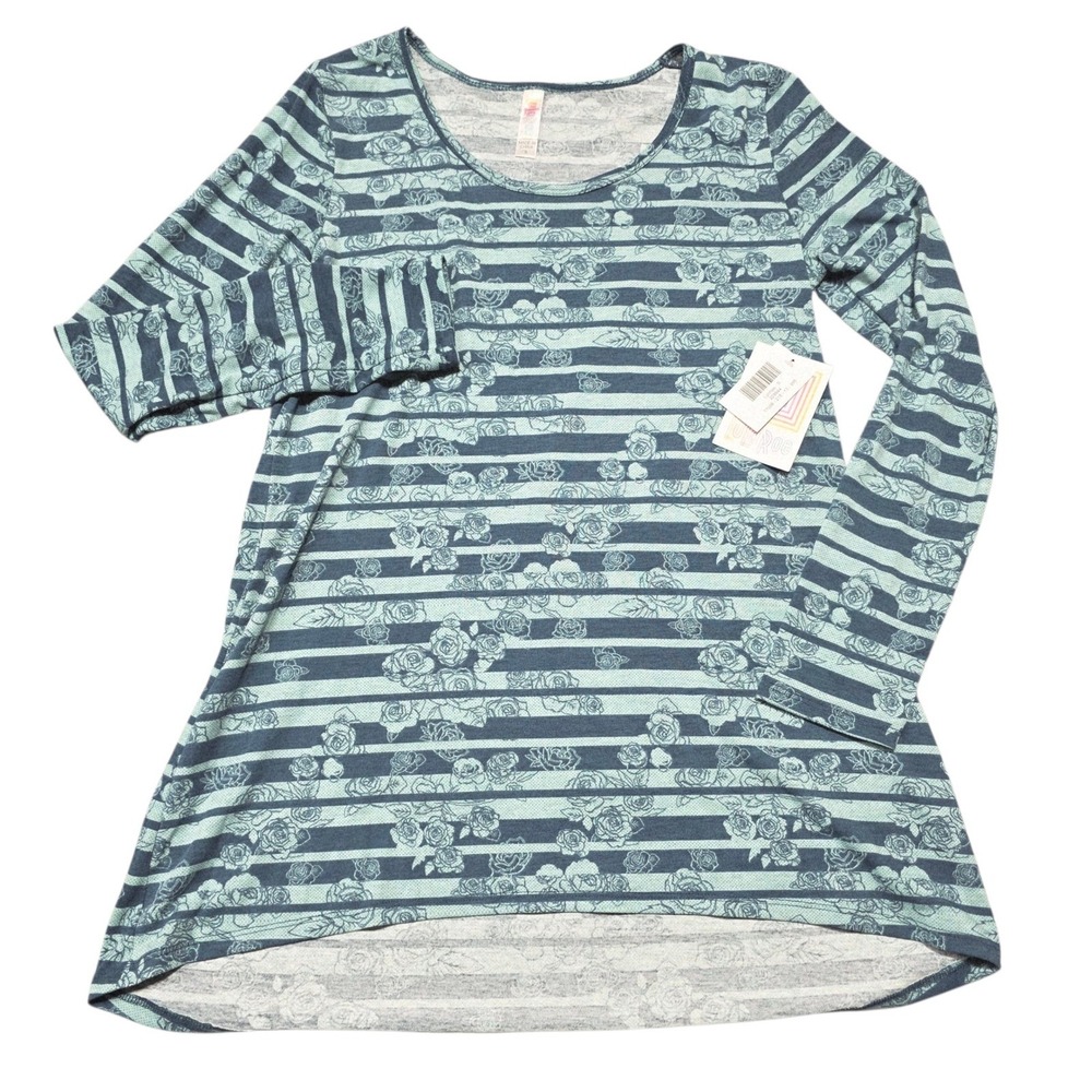 LuLaRoe Lynnae Top‎ Womens Small Blue Striped Floral Long Sleeve High Low NWT